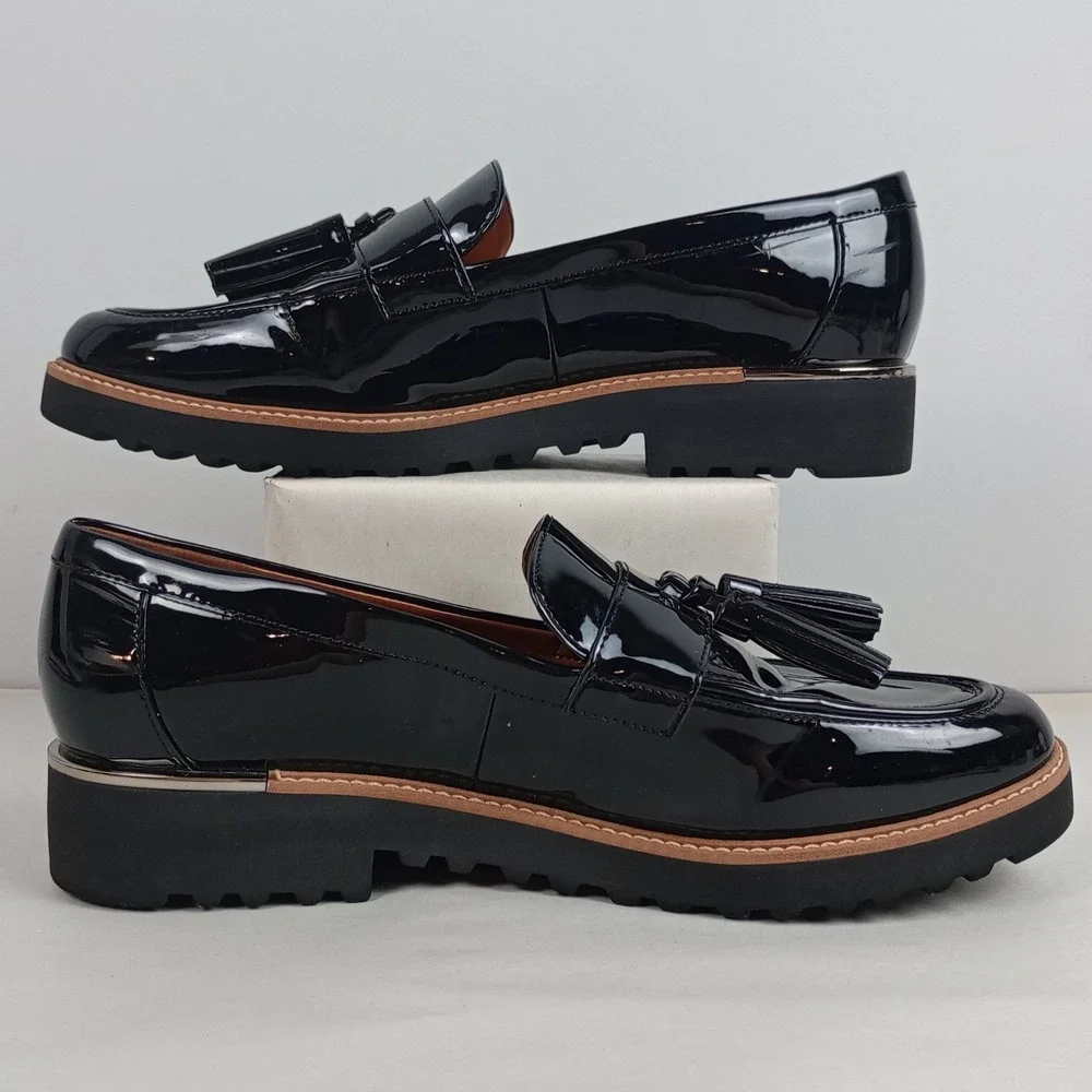 Franco Sarto Womens 10 Black Patent Tassel Platform Lug Sole Carolynn Loafers